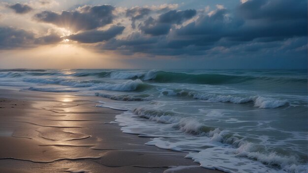 Photo photo of peaceful sunset on the beach ocean seaside with cloud dramatic sand on the shore