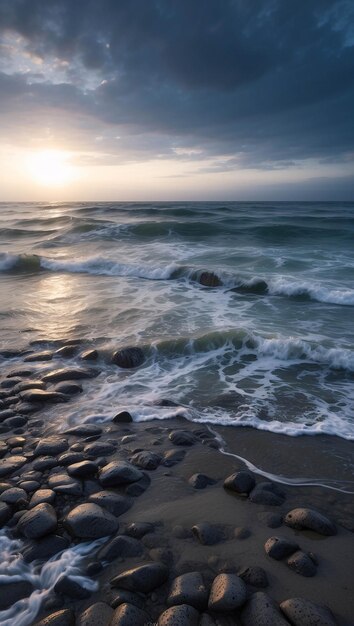 Photo photo of peaceful sunset on the beach ocean seaside with cloud dramatic sand on the shore