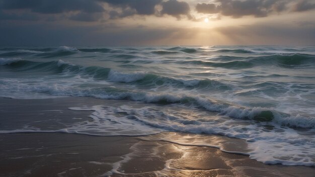 Photo of Peaceful Sunset On The Beach Ocean Seaside With Cloud Dramatic Sand On The Shore