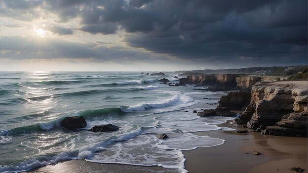 Photo of Peaceful Sunset On The Beach Ocean Seaside With Cloud Dramatic Sand On The Shore