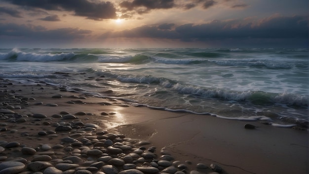 ビーチの平和な夕暮れの写真 海辺の雲と海岸の劇的な砂