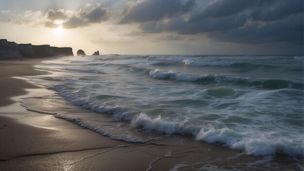 해변 에서 평화로운 해가 지는 사진 해변 에서 구름 과 함께 해변 에서 극적 인 모래