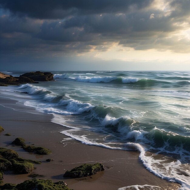 Photo of Peaceful Sunset On The Beach Ocean Seaside With Cloud Dramatic Sand On The Shore