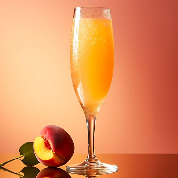 Photo of peach bellini a sparkling cocktail made wiphoto of peach puree and front view clean bg