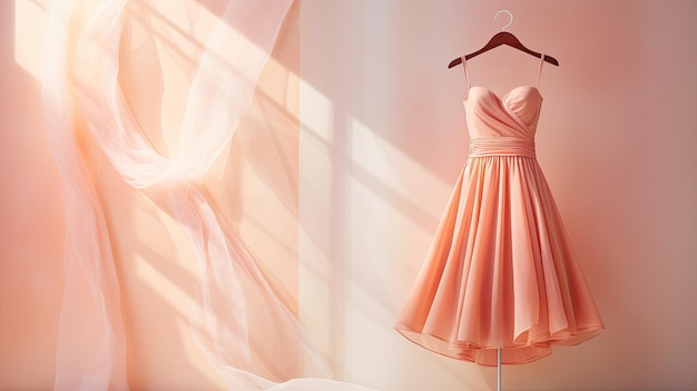A photo of a peachcolored dress on a mannequin boutique interior backdrop