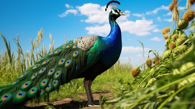 Photo of a peacock in the farmland