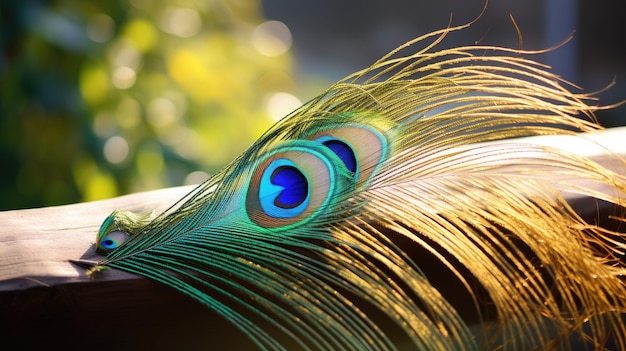 A photo of a peacock feather golden hour sunlight