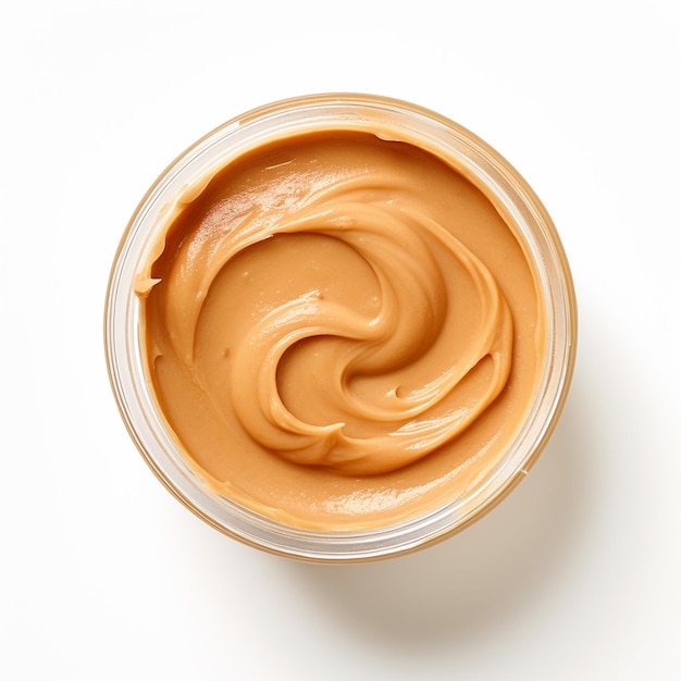 A photo of peanut butter with a white background