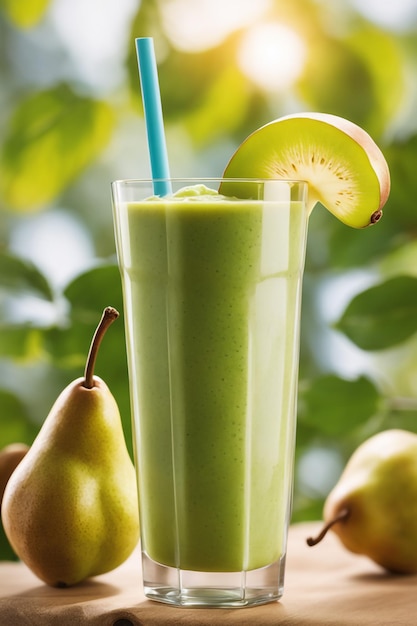 photo pear smoothie branch with a blurred natural background