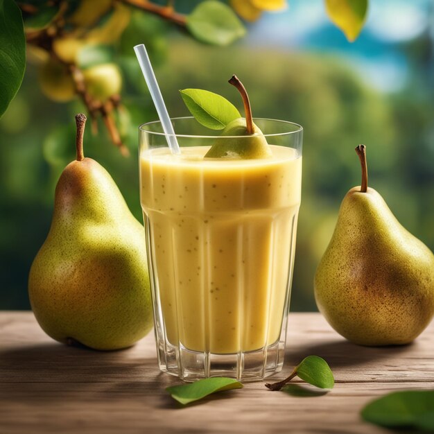 Photo pear smoothie branch with a blurred natural background