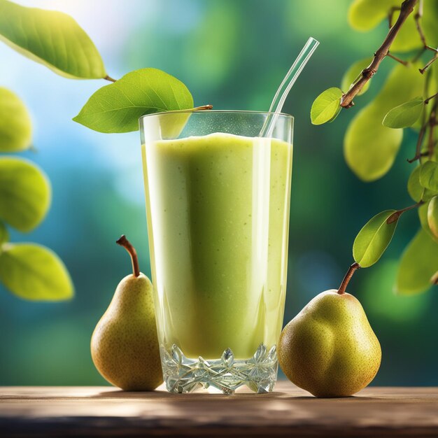 Photo pear smoothie branch with a blurred natural background