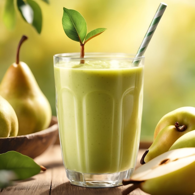 photo pear smoothie branch with a blurred natural background