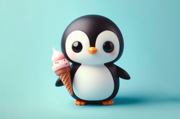 固体の青い背景にアイスクリームコーンを握っているペンギンの写真