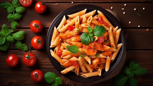 Photo penne pasta with tomato sauce and chicken