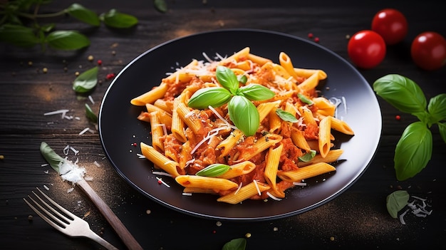 Photo penne pasta with tomato sauce and chicken