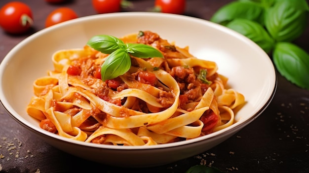 Photo penne pasta with tomato sauce and chicken