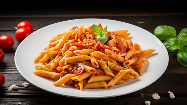 Photo penne pasta with tomato sauce and chicken