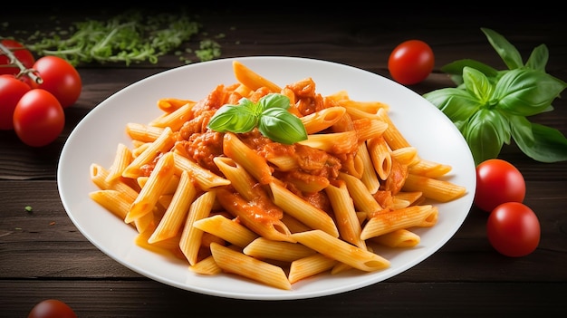 Photo penne pasta with tomato sauce and chicken