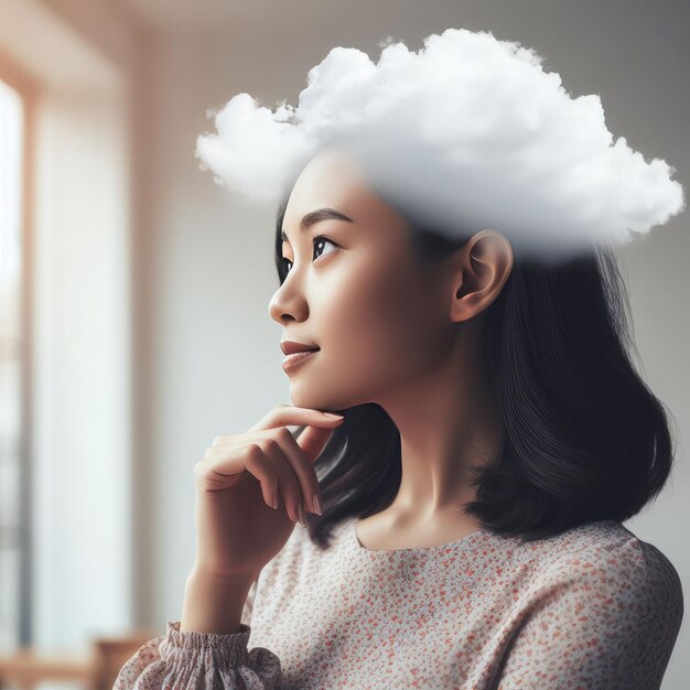 Photo of a pensive brunette holding her chin and looking up with thought cloud drawn above her head