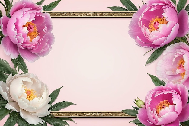 Photo peony flowers on border frame background