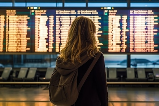 비행 정보 디스플레이 앞 에 있는 공항 에 있는 사람 들 의 사진