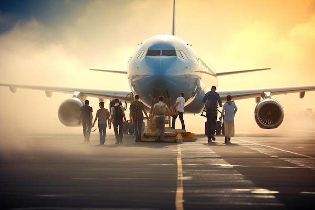 Photo photo people boarding airplane on runway