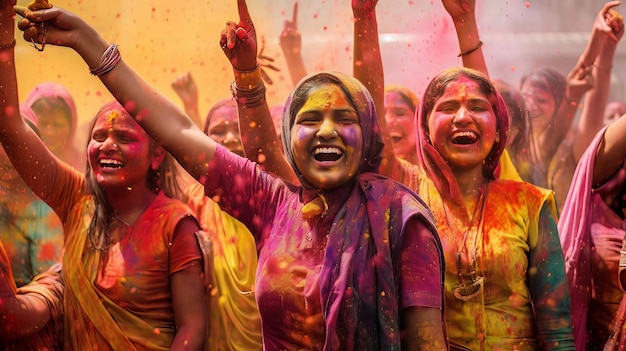 A Photo of People Dancing and Celebrating the Festival of Holi with Colorful Powder