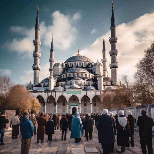 Photo of people in front of The Blue Mosque in Istanbul Turkey