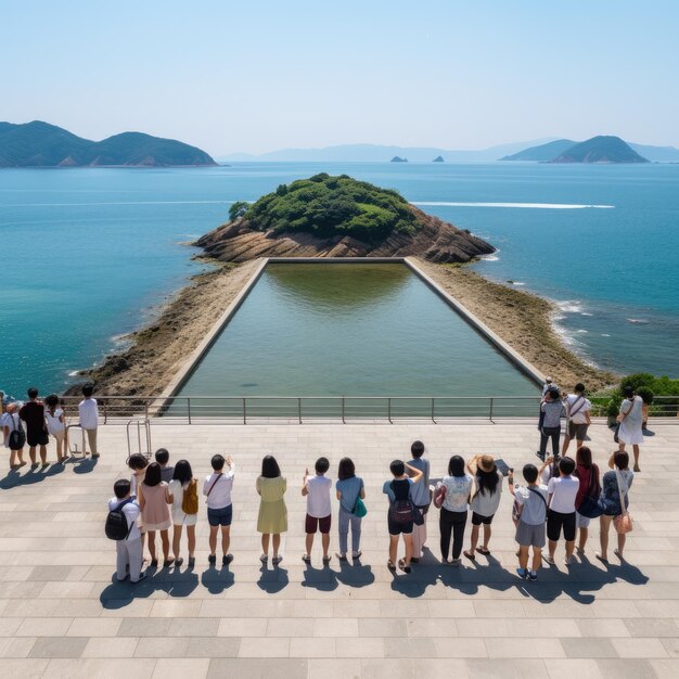 일본 나오시마 섬 앞의 사람들의 사진