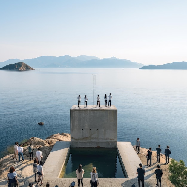 Фото людей перед островом Наосима в Японии