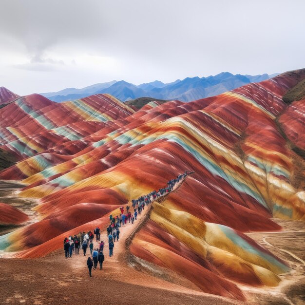 Photo photo of people in front of rainbow mountains in china