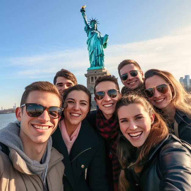 Photo of people in front of Statue Of Liberty in New York City USA