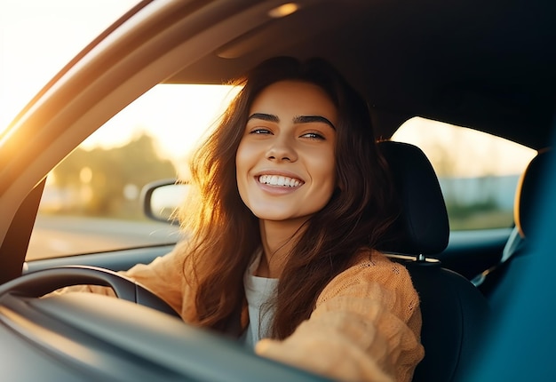 車を運転しているハンサムな男性女性の写真