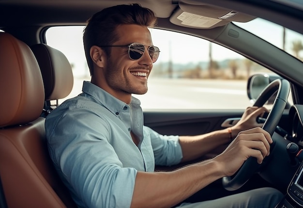 Photo of people handsome man woman driving vehicle