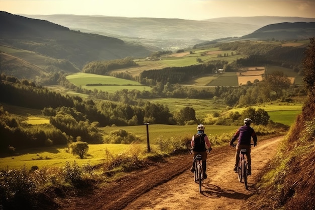 Photo of people taking a bike ride in nature with mountain scenery Generative AI