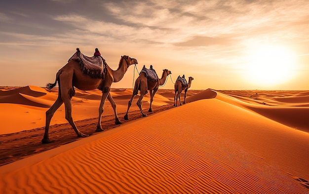 Photo of people travelling across the desert with camels