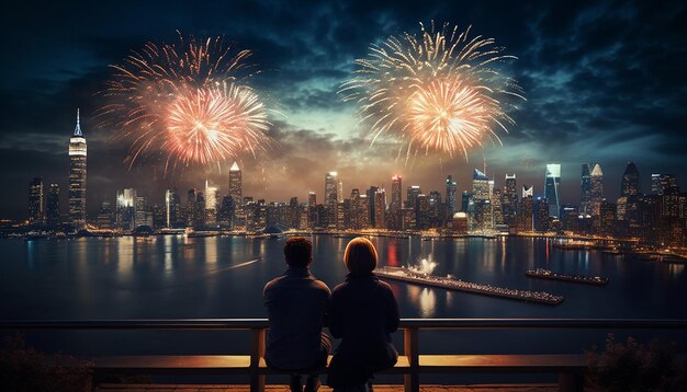 A photo of people watching a spectacular fireworks display over a city skyline