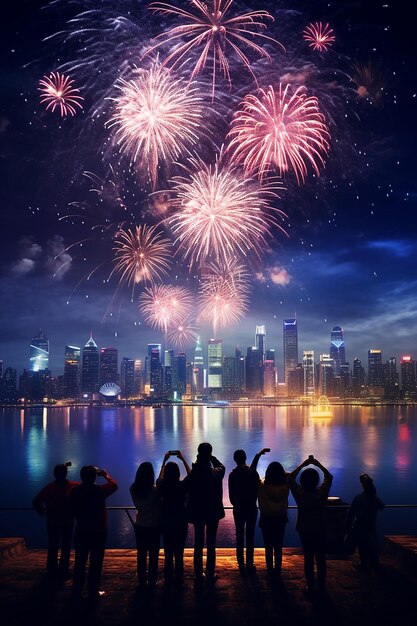 A photo of people watching a spectacular fireworks display over a city skyline