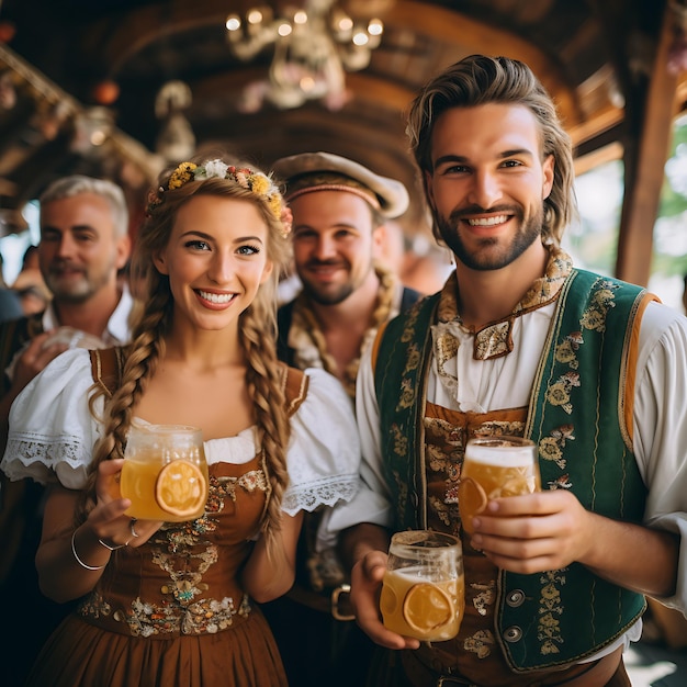 Photo of people wearing traditional Bavarian costumes beer and pretzels