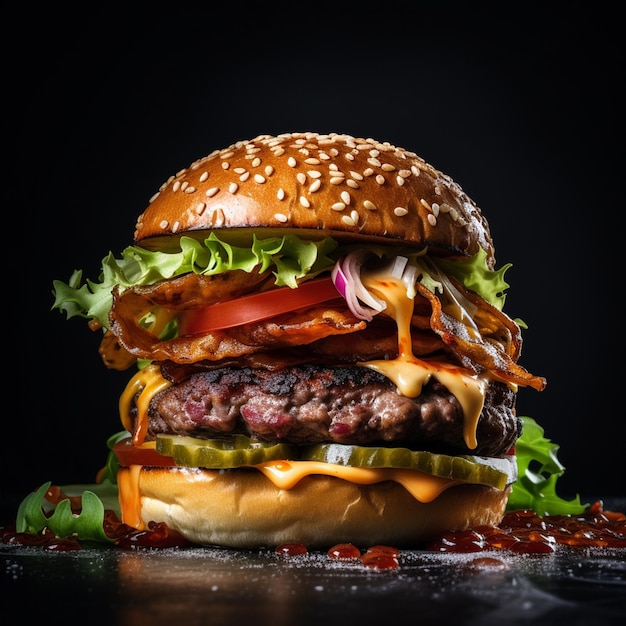 photo perfect cheese burger with vegetables on wooden table and black background ai generative