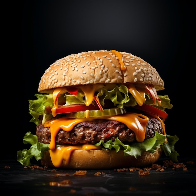 photo perfect cheese burger with vegetables on wooden table and black background ai generative