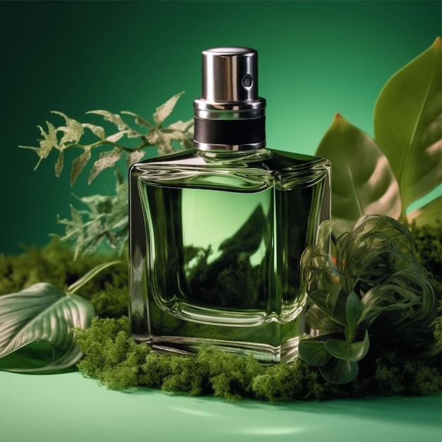 Photo perfume bottle with plants on green background