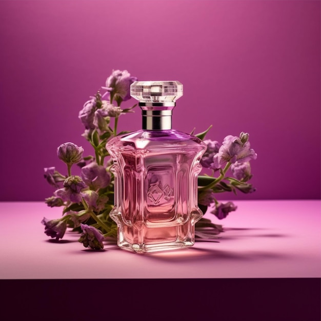 Photo perfume bottle with plants on purple background