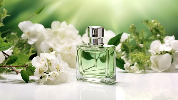 Photo photo perfume for women in green bottle and flowers