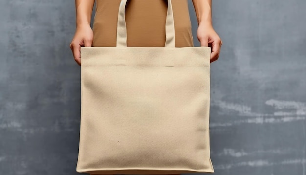 Photo a person carrying a blank shopping tote bag canvas bag mockup