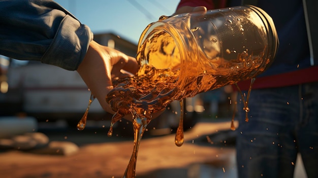 A photo of a person dropping off used motor oil for recycling