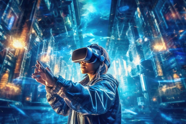 Фотография человека, испытывающего VR-симуляцию виртуальной реальности. Генеративный искусственный интеллект.