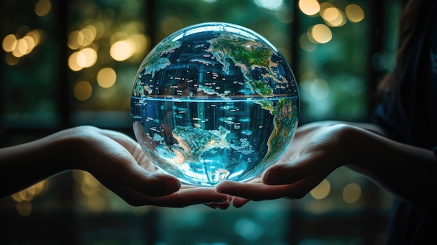 A photo of a person holding a glass globe filled with water