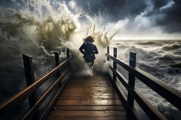 Photo photo of person holding onto a railing in strong winds