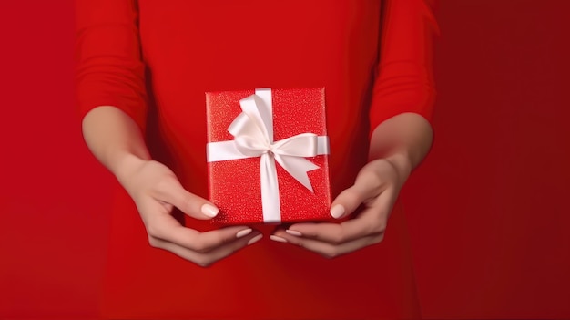 Photo of a person holding a red gift box with a white ribbon as a present